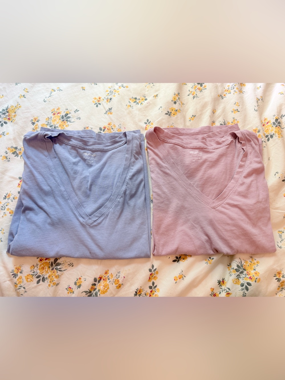 Two Madewell Softfade Cotton V‑Neck Tees | Light Blue and Mauve | Like New